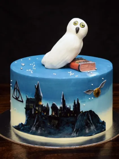 For all the Potterheads, this one's for you. I hand-painted the Hogwarts silhouette onto this cake and topped it with a fondant Hedwig and a golden snitch. It’s a magical centerpiece for any Harry Potter themed celebration.