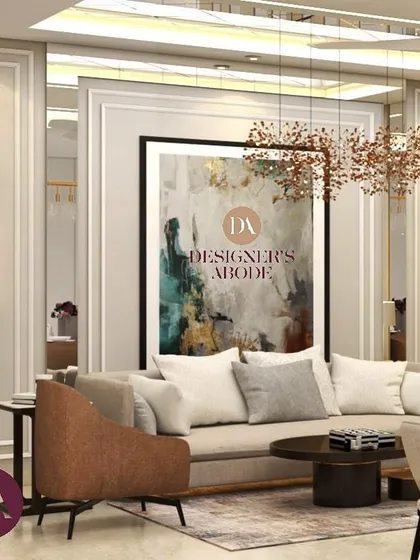 An elegant living room concept featuring bespoke wall paneling, a large abstract art piece, and a unique mirror ceiling. The design uses a mix of neutral tones and warm metallics to create a space that feels both grand and inviting.