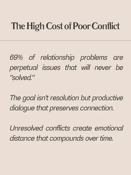 Did you know that 69% of relationship problems are perpetual issues that will never be "solved"? The goal isn't resolution but productive dialogue that preserves your connection.