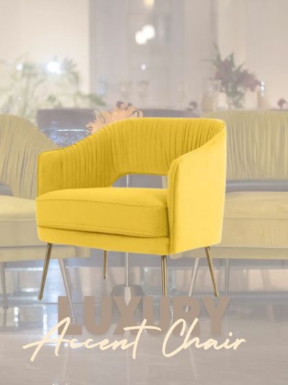 A graphic highlighting our luxury accent chair in mustard yellow, showcasing its elegant form and vibrant color.
