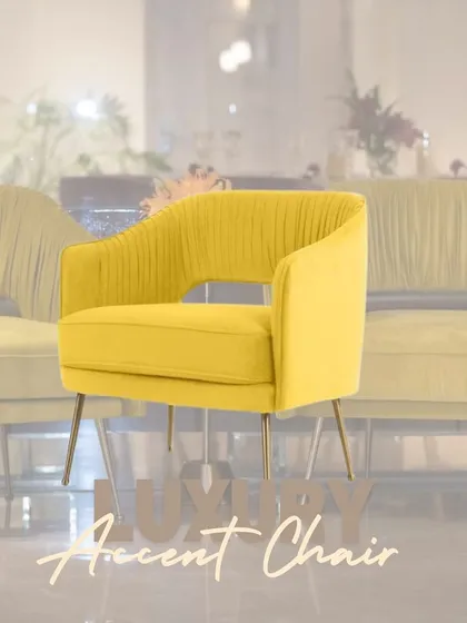 A graphic highlighting our luxury accent chair in mustard yellow, showcasing its elegant form and vibrant color.