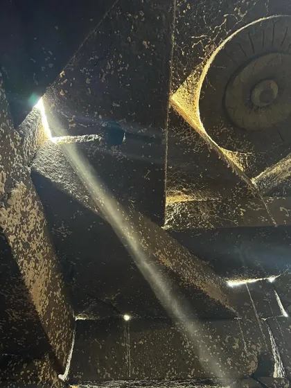 A beam of light penetrates the darkness of the restored Wageshwar Temple. The idea was not simply to return the temple to its original state, but to draw light into it, to reveal its form and spirit in a new way.