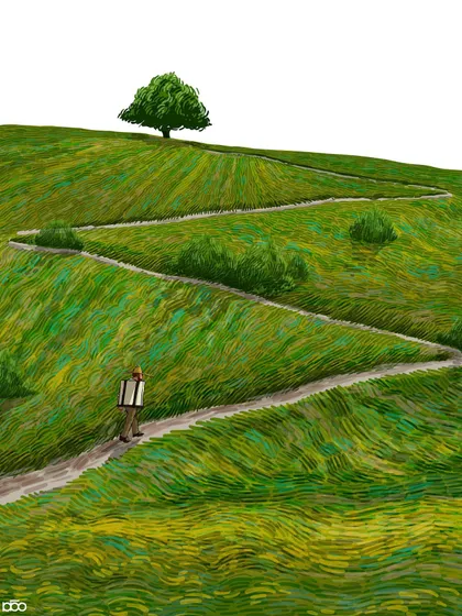 Inspired by the film "Where is the Friend's House?", this piece shows the artist on a long, winding path up a green hill. It represents the arduous but determined journey one takes for something they believe in, whether it's art or friendship.