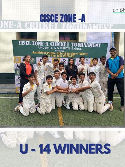 Our U-14 Winners from the CISCE Zone-A Cricket Tournament, holding their trophy high. We guide our teams to victory through strategic training and on-field management.