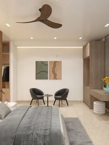 For this hotel in Shimoga, we created a sense of warm minimalism. The design blends clean, modern aesthetics with rich wooden textures and soft, layered lighting to provide guests with a luxurious yet comfortable and grounded retreat.