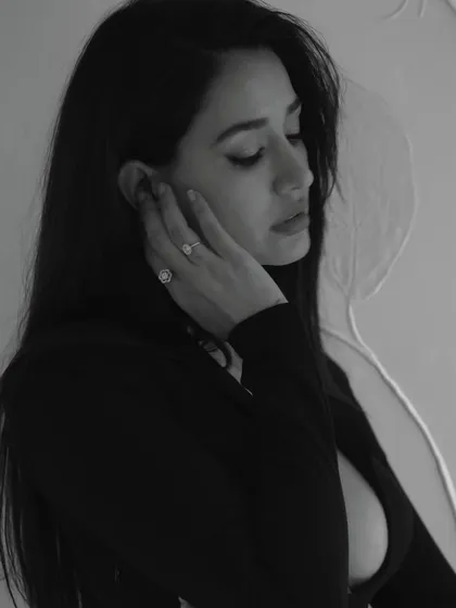 A soft and contemplative mood from the 'Gustaakh Ishq' shoot. The hair and makeup are kept minimal to create a feeling of intimacy and raw beauty.
