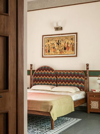 Furniture from The Artist's Residence, featuring our Avani Bed with a custom chevron headboard and the versatile Ramaniyam Console Unit. These pieces blend seamlessly into the artistic and eclectic vibe of the home.