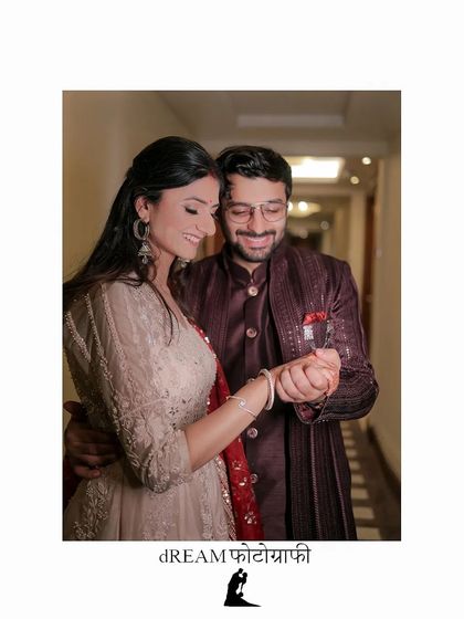 A beautifully composed shot of the couple, capturing a gentle, loving dance. The use of Hindi script for my brand name adds a personal, cultural touch.