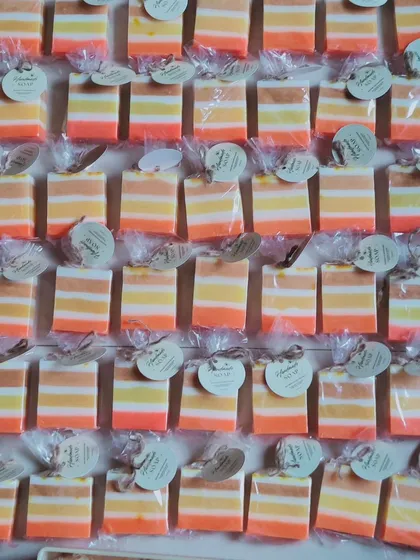 An overhead view of the kesar milk soaps, showing the quantity I can produce for bulk orders.