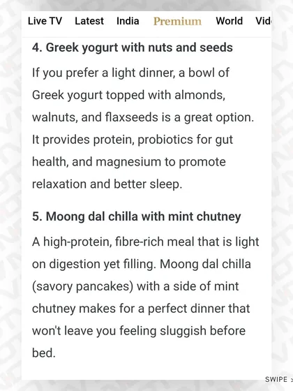 For a light dinner, I suggested Greek yogurt with nuts and seeds, or a high-protein moong dal chila with mint chutney.