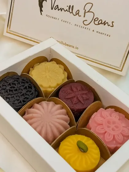 Another look at our beautiful assorted Cake Mithai box, ready for gifting. Each piece is a unique flavor experience, from traditional to modern.