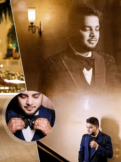 A collage of the groom getting ready for his destination engagement, showing him adjusting his bow tie.