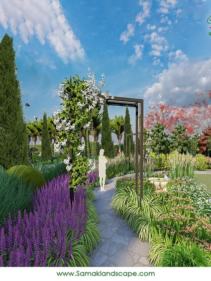 A winding stone path leads through a garden bursting with colorful perennials like lavender and salvia. The design uses height and texture, from tall cypress trees to low-lying shrubs, to create visual interest and a sense of discovery.