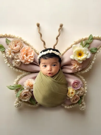Your little social butterfly. This creative setup uses a custom butterfly prop to frame this sweet, wide-eyed newborn girl.