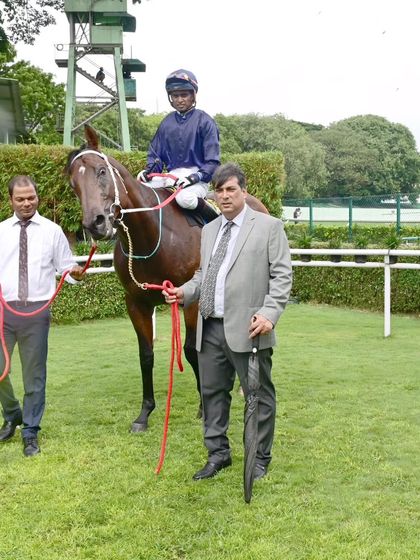 Odysseus, with jockey Neeraj Rawal, after winning The V.T. Velu Memorial Trophy.