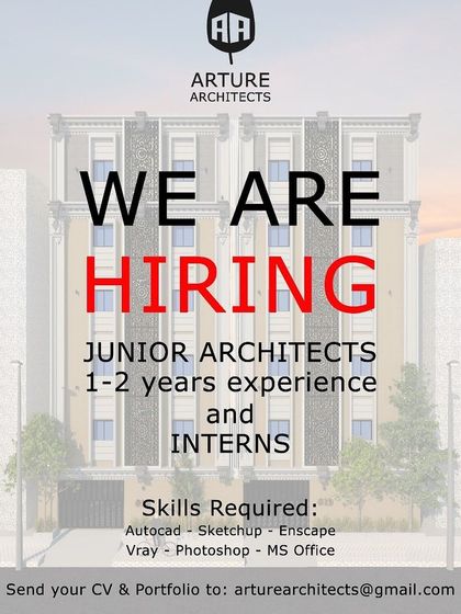Arture Architects in Bangalore is hiring Junior Architects with 1-2 years of experience, requiring skills in Autocad, Sketchup, and Enscape.