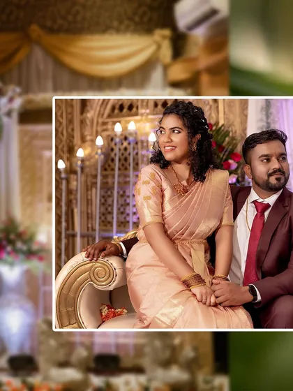 A beautiful portrait of Pooja and Prithvick on their engagement day, seated in a grand, ornate setting.