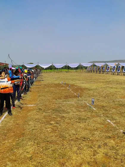 A wide view of the Under 9 state archery competition, an event that gives young archers valuable exposure.