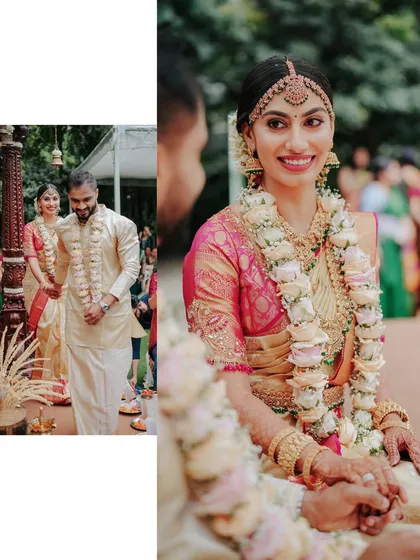 A beautiful shot of the bride seated at the mandap, her expression serene as she looks towards her groom.