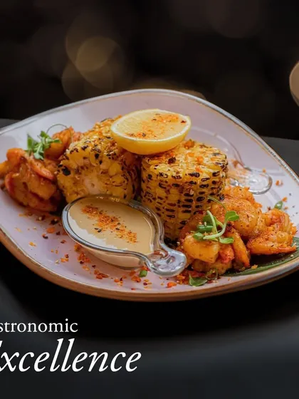We are dedicated to gastronomic excellence. This dish features perfectly grilled corn on the cob and spicy prawns, served with a creamy dipping sauce and a wedge of lemon.