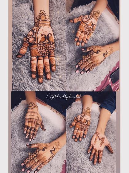 A collage showing various designer mehendi options for guests, all featuring beautiful peacock motifs in different arrangements.