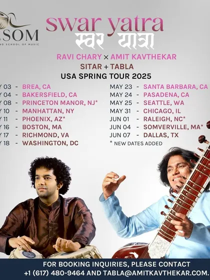 The 'Swar Yatra' USA Spring Tour announcement. I perform in the Etawah and Jafferkhani styles, and I am always open to hosting concerts or workshops in new cities.