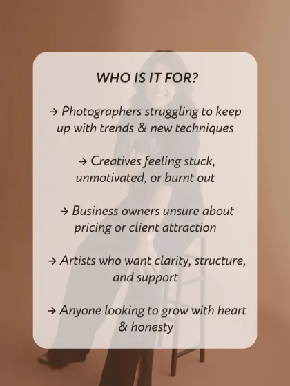 A "Who Is It For?" graphic, targeting photographers who feel stuck, burnt out, or unsure about pricing and client attraction.