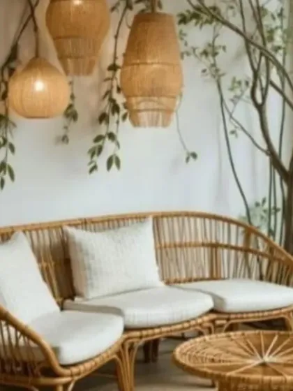 This cozy living space showcases a complete look with our handcrafted rattan furniture and lighting. The three-seater sofa and matching armchairs are paired with our woven pendant lamps, creating a harmonious and inviting atmosphere that brings the warmth of nature indoors.