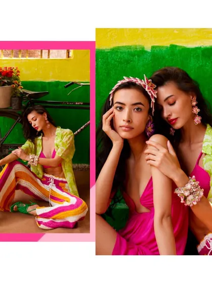 More from the 'UTOPIA' campaign, this time with clashing prints and bright colors. The striped pants and neon green shirt create a fun, eclectic backdrop for the handmade jewelry.