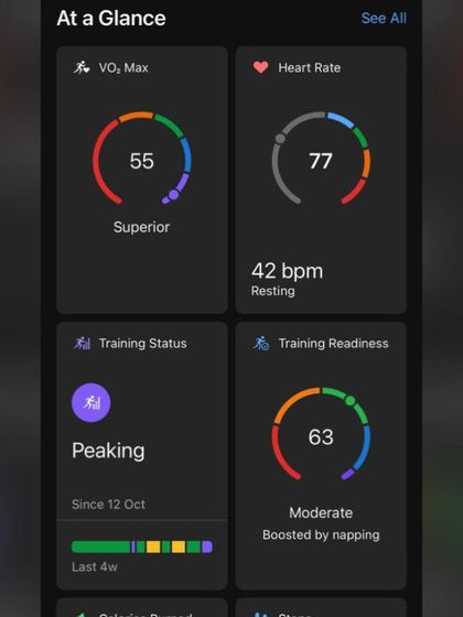 My training status is "Peaking," with a VO2 Max of 55. This indicates that my body is primed for a top performance, a state we aim for just before a key race.