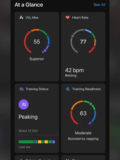 My stats showing a "Peaking" training status. This means my body is primed for a top performance, a result of a well executed training taper.