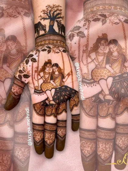 Capturing the divine love of Shiv and Parvati on a swing, this bridal design is for those who want their mehndi to be a piece of art filled with emotion and grace.