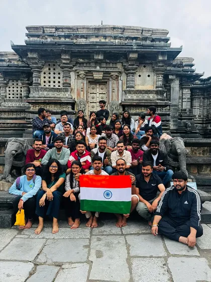 Exploring ancient history with your group is an experience like no other. Here's a team posing at a stunning Hoysala temple, part of a custom cultural tour I organized to explore Karnataka's rich heritage.
