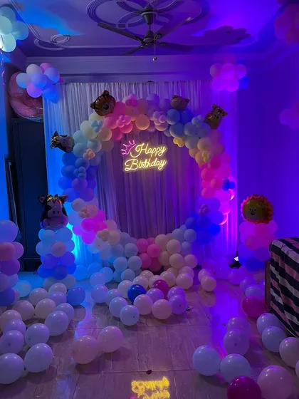 A wide view of the room, showing how the decoration creates a fun and immersive environment.