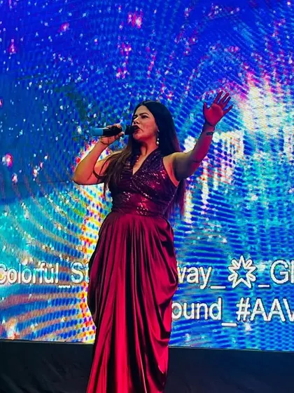 On stage for Nuvoco Vistas' Diwali celebration. A big stage and a big crowd is where I feel most at home, making sure the event's energy matches the scale of the production.