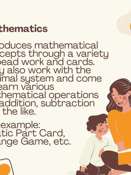 This graphic explains our Mathematics curriculum, where concepts are introduced through bead work and cards, helping children learn operations like addition and subtraction.