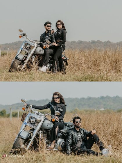 A collage of edgy, biker-themed pre-wedding shots in Goa. The couple's all-black leather outfits and a Harley Davidson create a cool and unconventional vibe.