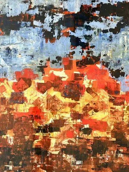'Housing Complex', a circa 1960 oil on canvas by H. A. Gade, a founding member of the Progressive Artists' Group. Gade's interest in mathematics is reflected in his geometrically delineated structures, creating an epiphany of colour compositions from crowded cityscapes.
