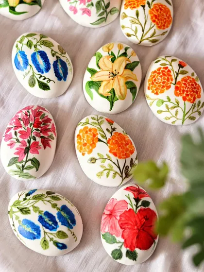A beautiful assortment of the floral hand-painted marzipan eggs.