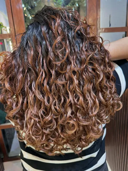 A collection of my other no-bleach balayage and color work, showcasing a variety of tones from subtle browns to vibrant reds on different curl types.