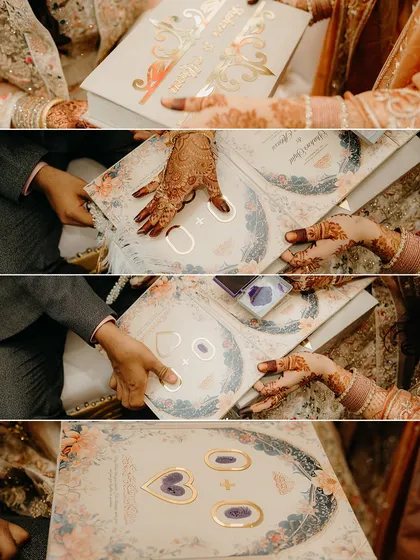 A collage showing the signing of the Nikahnama, a pivotal and legally significant moment in a Muslim wedding, captured with reverence.