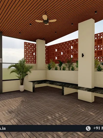 A detailed render of the built-in bench seating and integrated planters, showing how we can incorporate custom furniture into our designs.