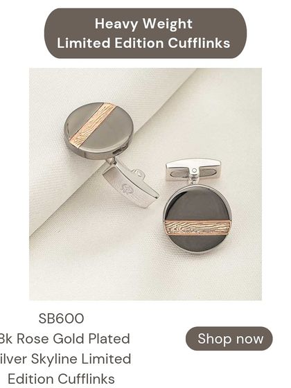 My skyline limited edition cufflinks feature a simple yet elegant design with a rose gold plated stripe on a dark rhodium base. They are crafted from 92.5 silver for a premium feel.