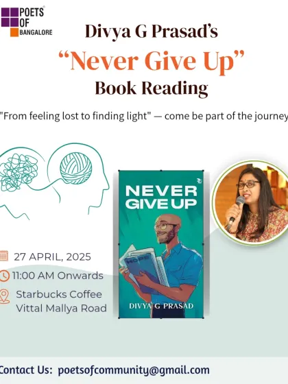 The promotional graphic for Divya G Prasad's "Never Give Up" book reading, using gentle visuals to reflect the book's themes of healing and hope.