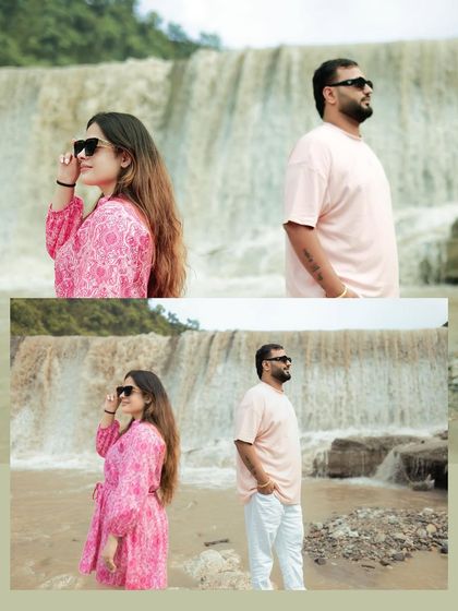 A stylish collage from a pre-wedding shoot near a waterfall, showcasing the couple in coordinated casual outfits. This highlights our ability to capture fashionable and relaxed portraits in natural settings.