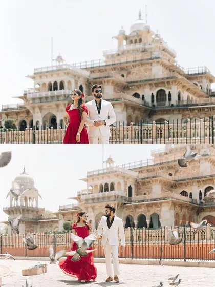 A diptych showing the couple at Albert Hall, one with and one without the iconic pigeons, offering two different moods of the same scene.