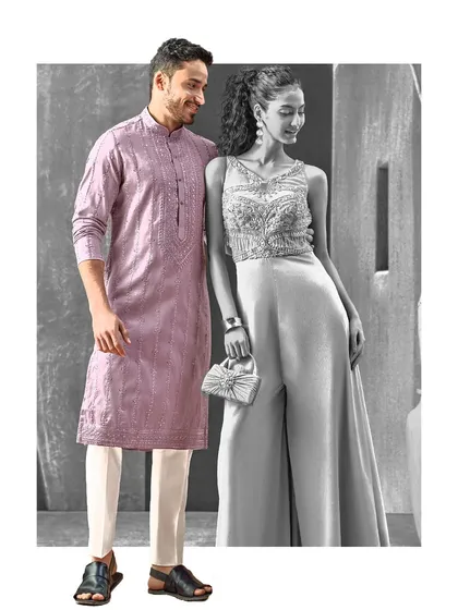 This mauve kurta with delicate vertical embroidery offers a perfect blend of comfort and charm. It is an ideal choice for a relaxed yet stylish festive look.