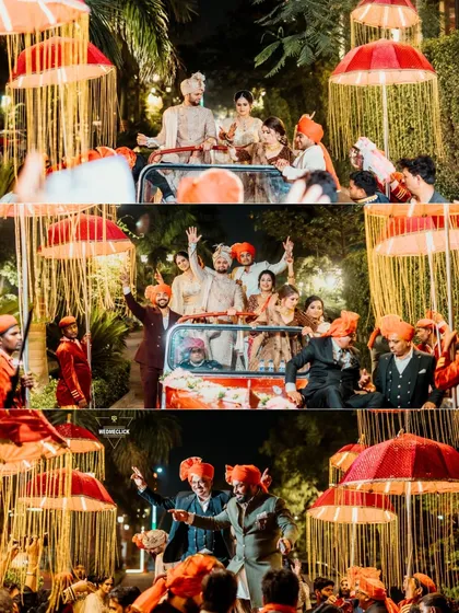 The energy of a big fat Indian wedding is unmatched. This collage captures the groom's grand Baraat entrance, full of dancing, vibrant colors, and celebration with family and friends.
