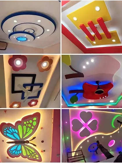 Excellent false ceiling designs for every taste, including playful options for kids' rooms like butterflies and guitars.