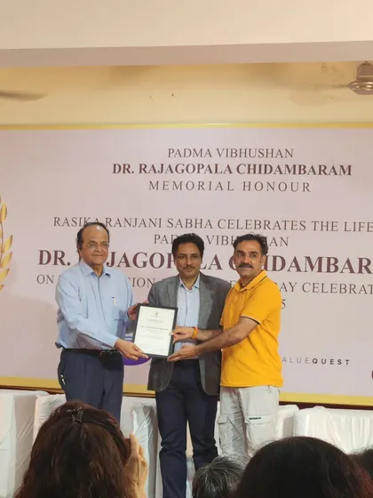 I was honored to receive the Padma Vibhushan Dr. Rajagopala Chidambaram Memorial Honour. Here I am accepting the certificate on stage, a moment of great pride for our academy.